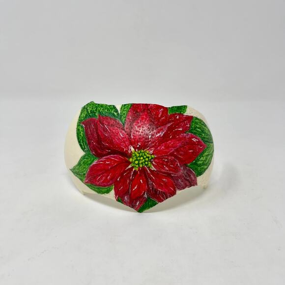 Hand Painted Red Poinsettia Flower Partial Ostrich Egg Signed Nebraska Artist - Picture 1 of 6